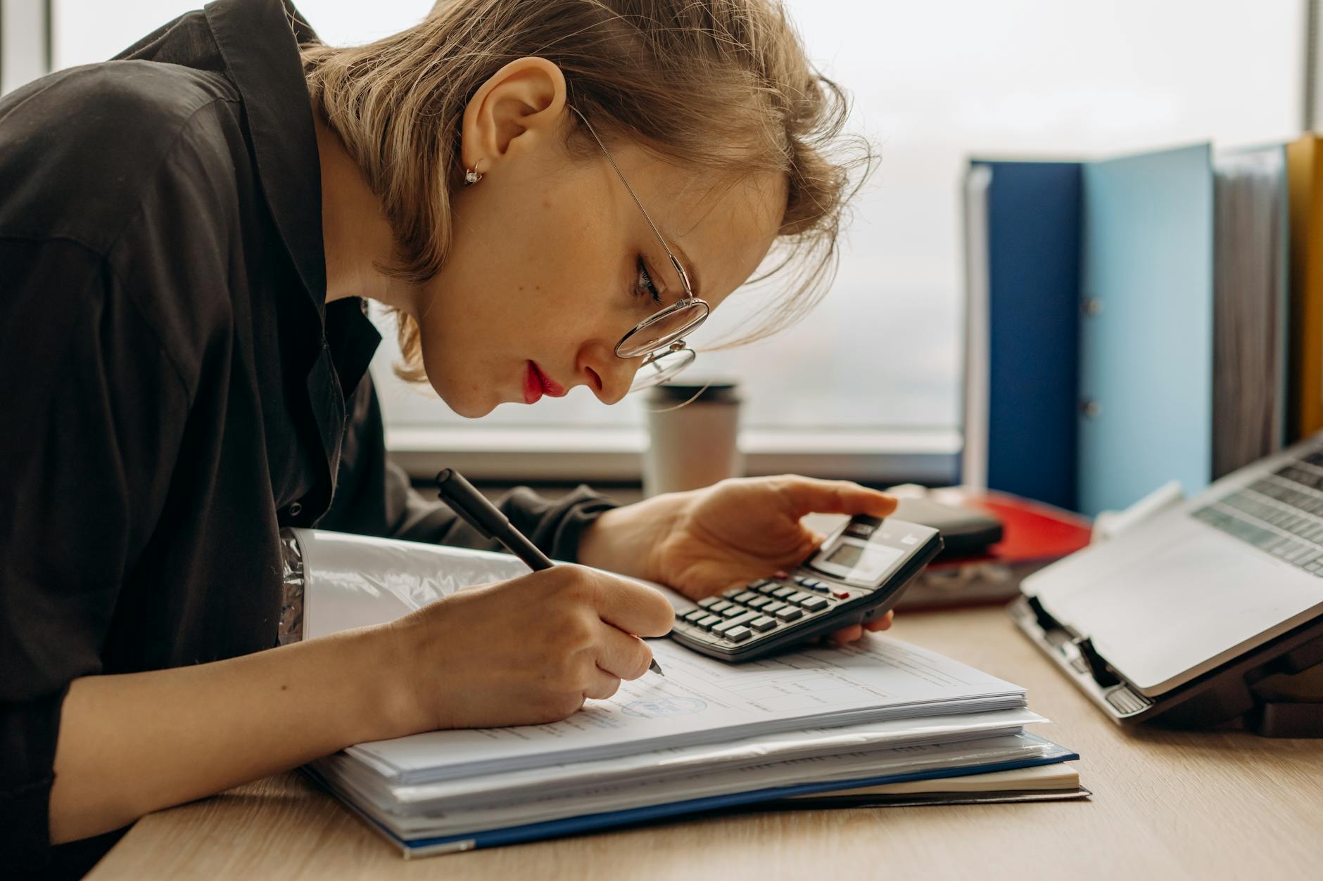 Auditor reviewing a binder of accounts in an office