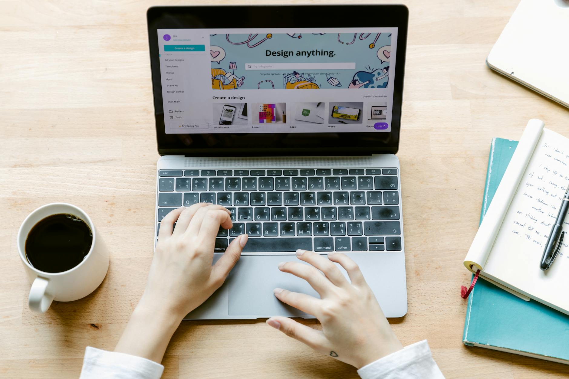 Hands editing a Canva template to swap text on a social media graphic