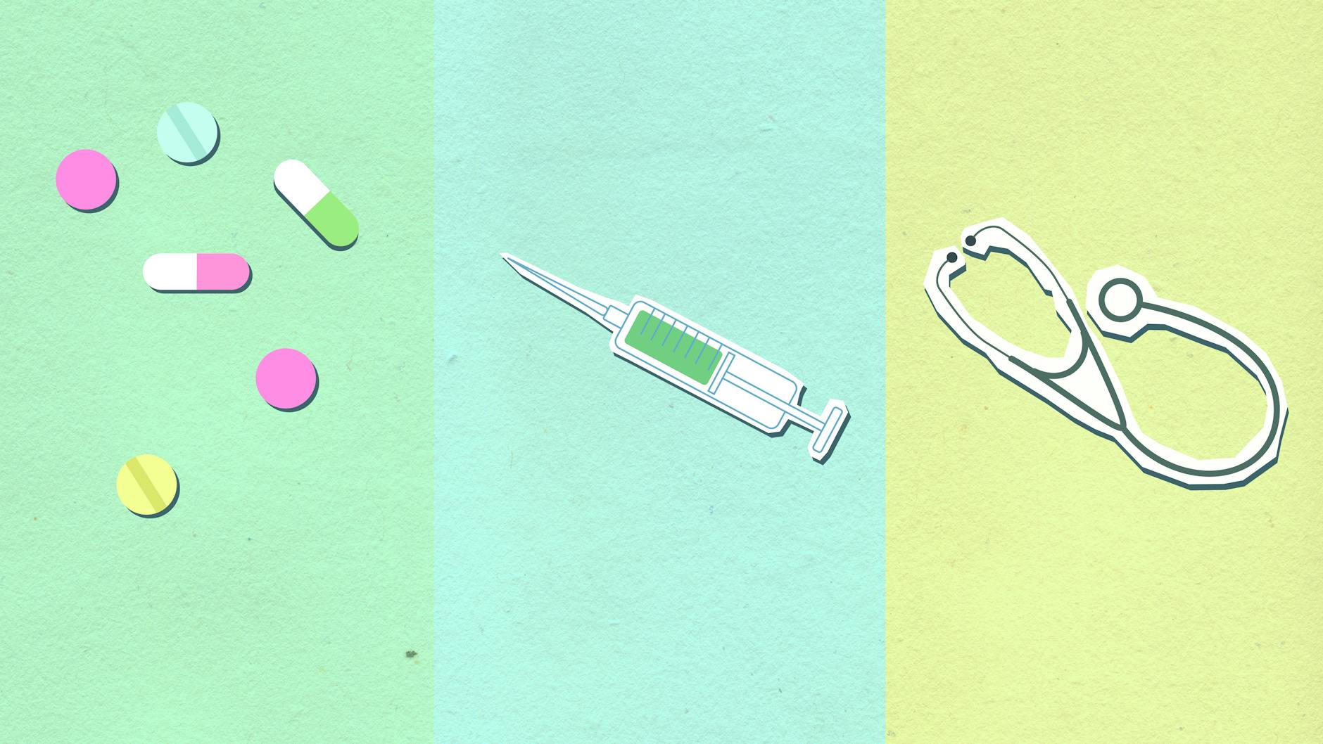 A colourful flat-design illustration of icons and graphics on a desk