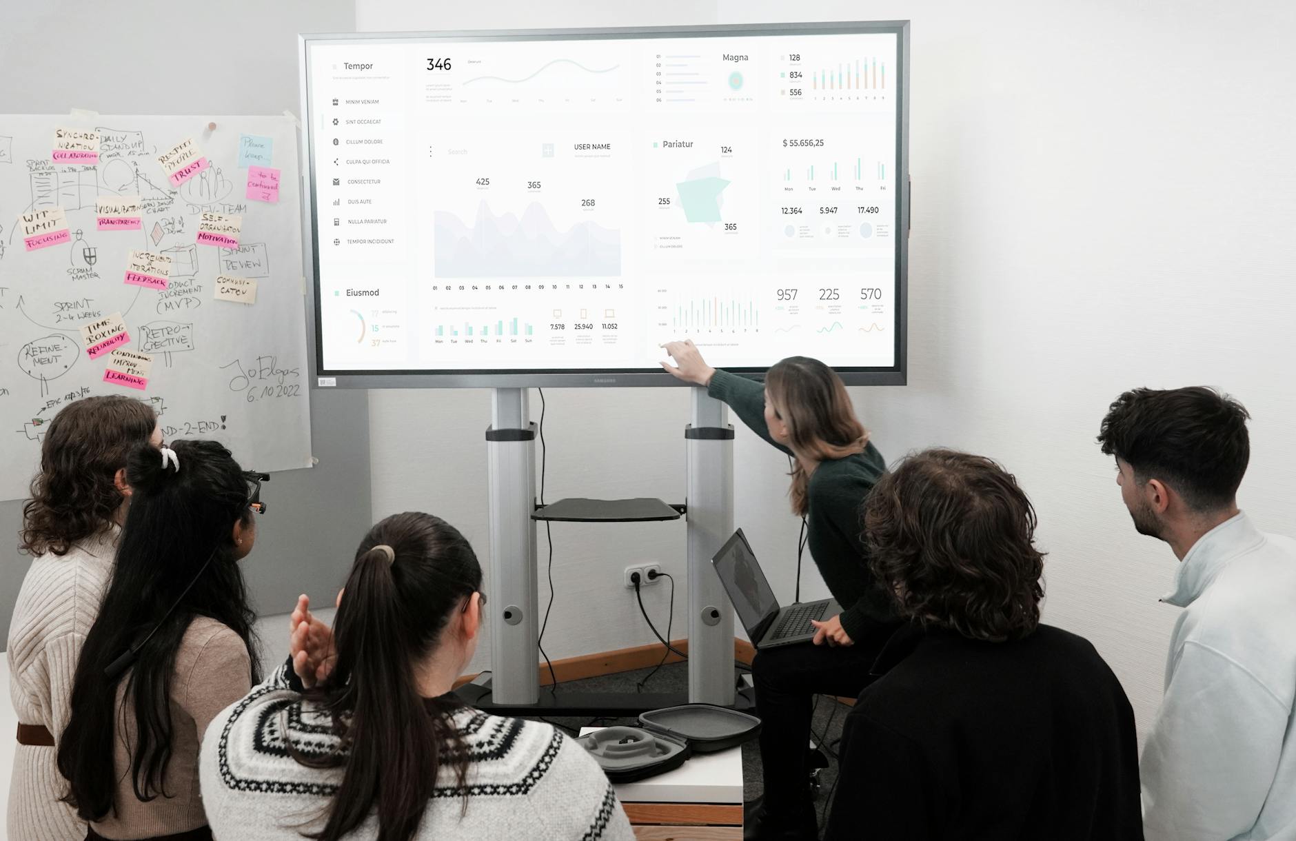 A team in a Singapore office reviewing a Power BI dashboard on a laptop
