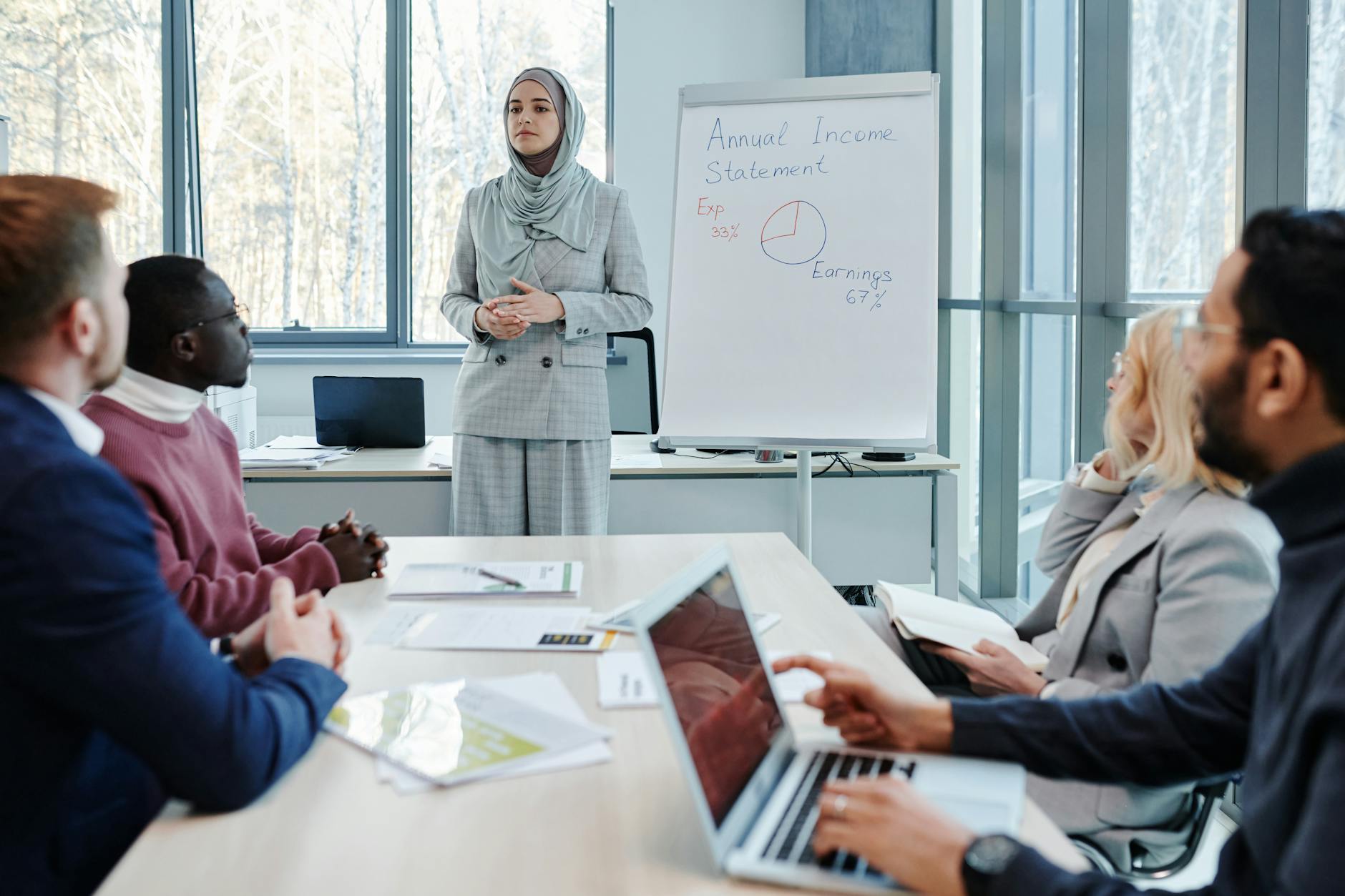 A diverse office team discussing Copilot meeting notes in a meeting room