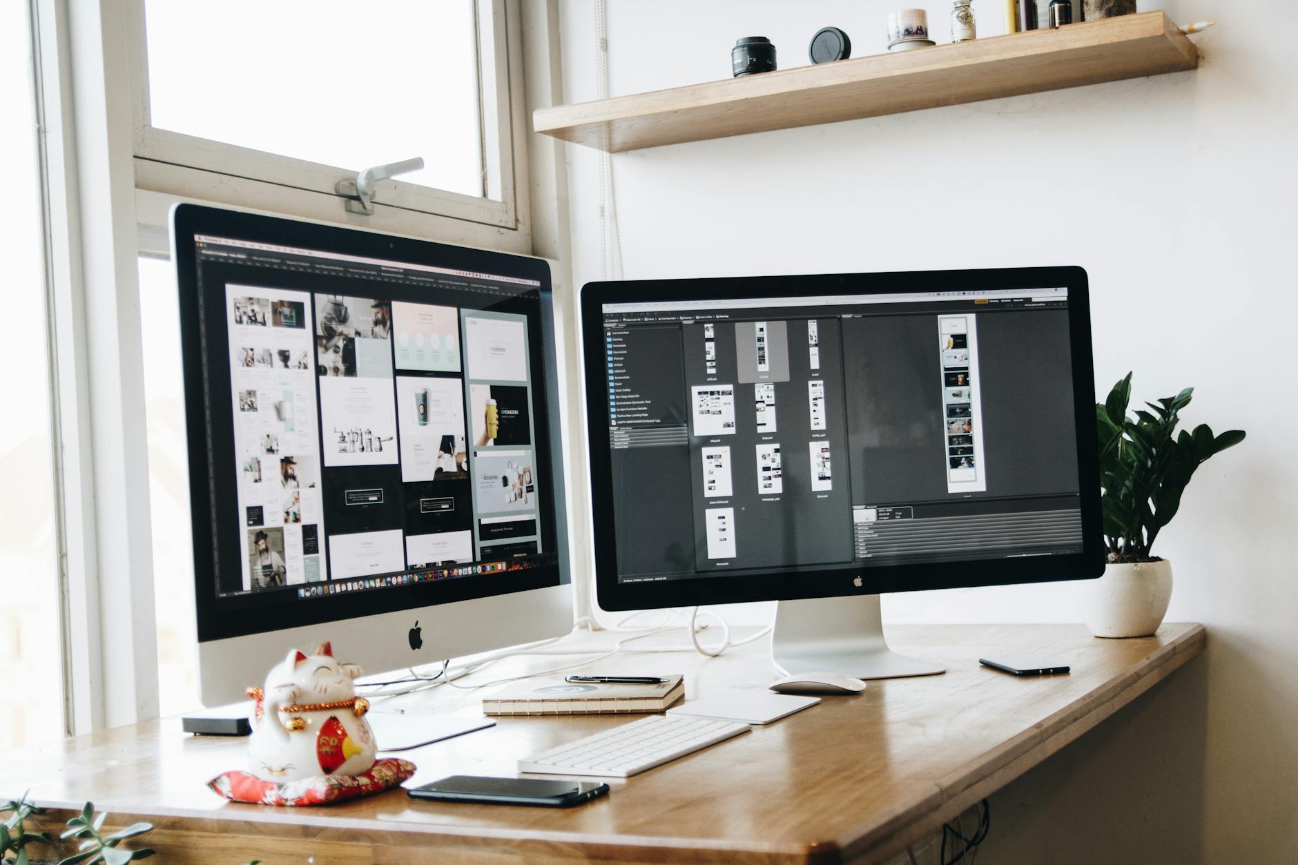 A dual-monitor desk setup ready for PowerPoint Presenter View